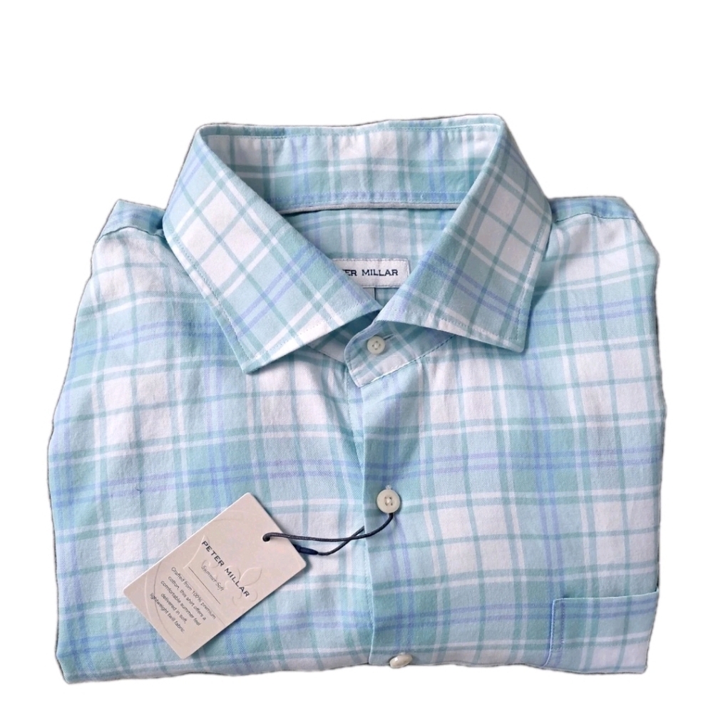 Peter Millar Summer Soft Size XL Cotton Sport Shirt Plaid Button Up Cloud